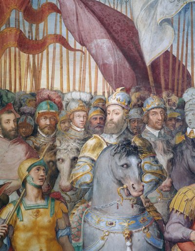 (dettaglio) Truppe del Cardinale Alessandro Farnese e di Carlo V in partenza per la guerra contro i Luterani, nella Sala della Farnesina da Federico Zuccaro